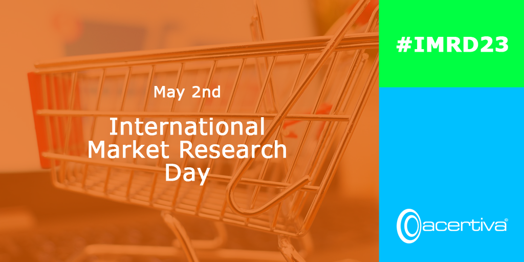 Image of the Acertiva campaign within the framework of the International Market Research Day of 2023. It is a horizontal image with an orange transparent dial on the photo of a miniature supermarket trolley. On the right side there is a solid green box with the hashtag #IMRD23 and other in light blue with the Acertiva logo.