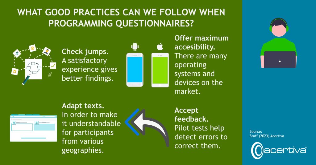 WHAT GOOD PRACTICES CAN WE FOLLOW WHEN PROGRAMMING QUESTIONNAIRES?

Check jumps. A satisfactory experience gives better findings.

Offer maximum accessibility. There are many operating systems and devices on the market.

Adapt texts. In order to make it understandable for participants from various geographies.

Accept feedback. Pilot tests help detect errors to correct them.

Source: ​Staff, 2023, Acertiva