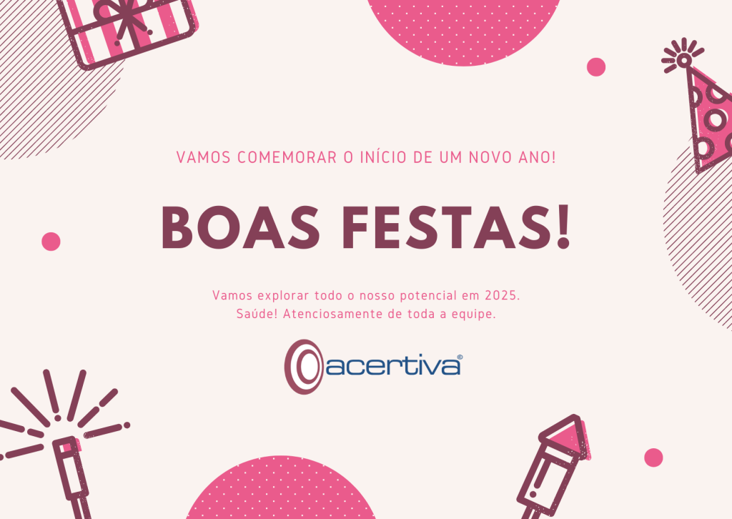 Vamos comemorar o início de um novo ano! Boas festas! Vamos explorar todo o nosso potencial em 2025. Felicidades! Atenciosamente de toda a equipe. Imagens estilizadas de diamante, foguete, chapéu de festa e presente em tons de magenta são vistas ao redor da mensagem.