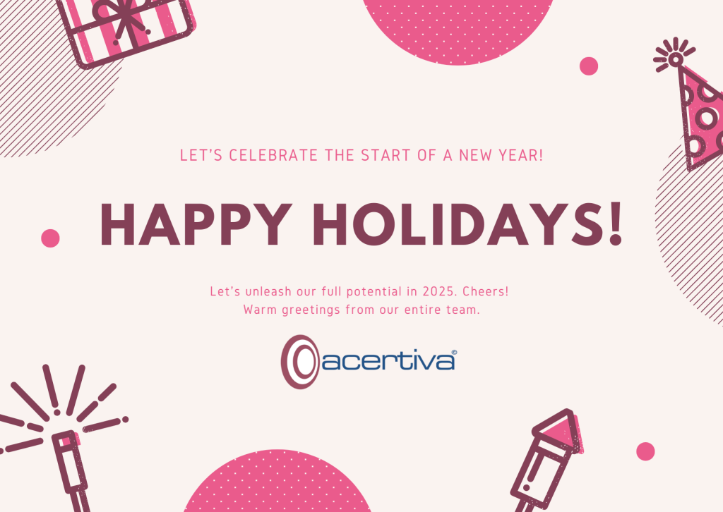 Let's celebrate the beginning of a new year! Happy Holidays! Let's exploit all our potential in 2025. Cheers! Warm greetings from our entire team. Stylized images of a sparkler, rocket, party hat and a gift in magenta tones can be seen around the message.