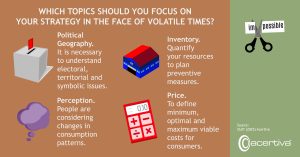 ON WHICH TOPICS SHOULD YOU FOCUS YOUR STRATEGY IN VOLATILE TIMES?

Political geography. You need to understand electoral, territorial and symbolic issues.
Inventory. Quantify your resources to plan preventive measures.
Perception. People are considering changes in consumption patterns.
Price. To define minimum, optimum and maximum viable figures for consumers.

Source: Redacción, 2025, Acertiva
