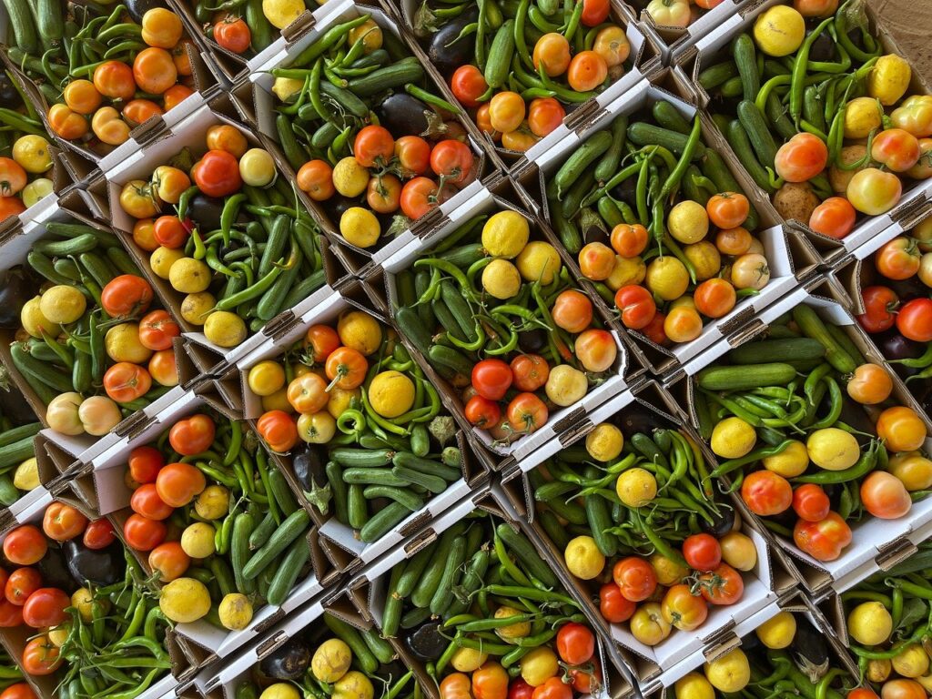 Fotografía de varias cajas con mezcla de verduras. Imagen de momenalrayyes en Pixabay. (Español) / Fotografia de várias caixas de vegetais mistos. Imagem de momenalrayyes no Pixabay. (Português) / Photograph of several boxes of mixed vegetables. Image by momenalrayyes on Pixabay. (English)