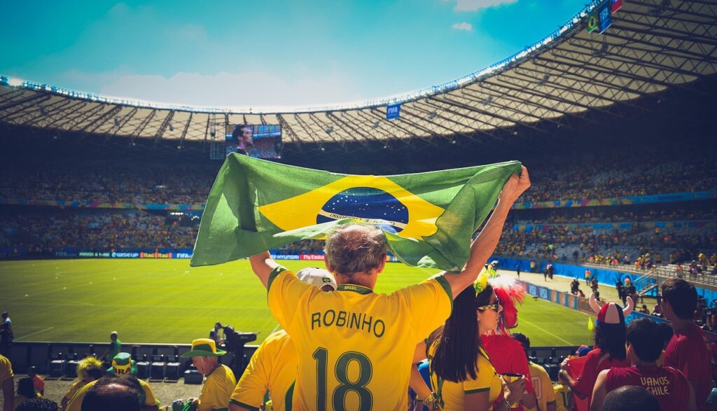 Photo of a soccer fan raising the Brazilian flag in the middle of the stands of a stadium. Image from Pexels on Pixabay.